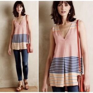 Anthropologie Deletta Striped V-Neck Boho Tank Top Orange Red Blue | XS | NWT